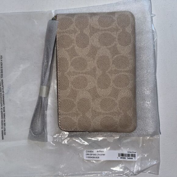 Coach Corner Zip Wristlet in Signature Canvas with Stripe Silver Sand Taupe - Picture 4 of 7